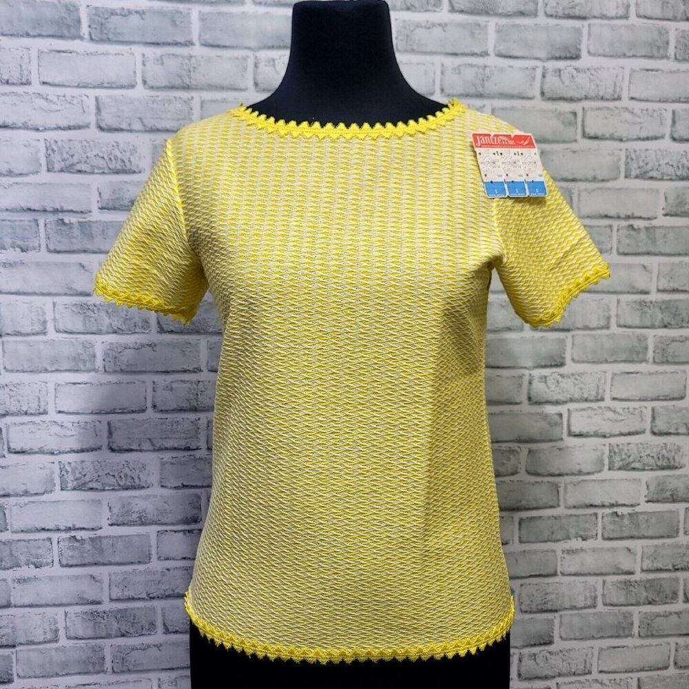 Vintage 60s 70s Jantzen Yellow White Basket Weave Diamond Lace‎ Cotton Shirt S/S